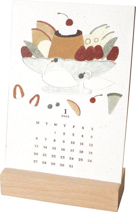 EL COMMUN MATOKA 2025 Desk Calendar Wooden Stand Swan and Seasonal Desserts CAL-109