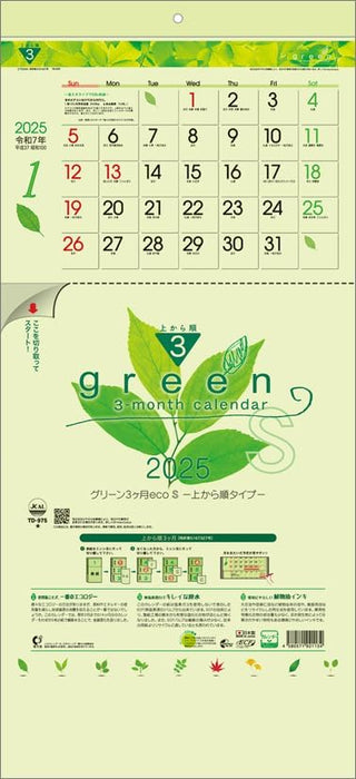 Todan 2025 Wall Calendar Green 3-Month eco S (From Top to Bottom Type) CL25-1040