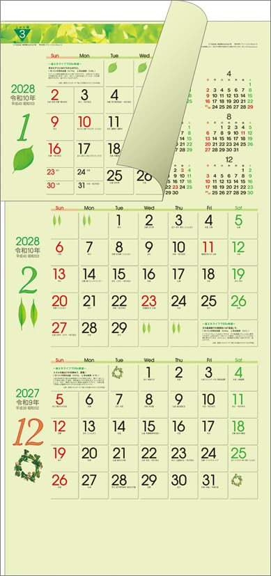 Todan 2027 Wall Calendar Green 3-Month eco S (From Top to Bottom Type) CL27-1021