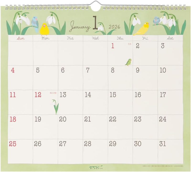 Midori 2026 Wall Calendar L Bird Pattern 31377006