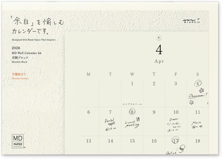 Midori 2026 Wall Calendar MD Calendar A4 Bi-fold 31393006