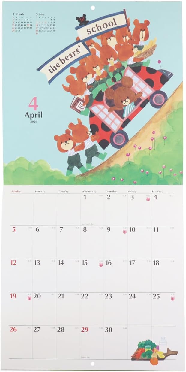 Square The Bear's School (kuma no Gakkou) 2026 Wall Calendar Pink 38KCA-1