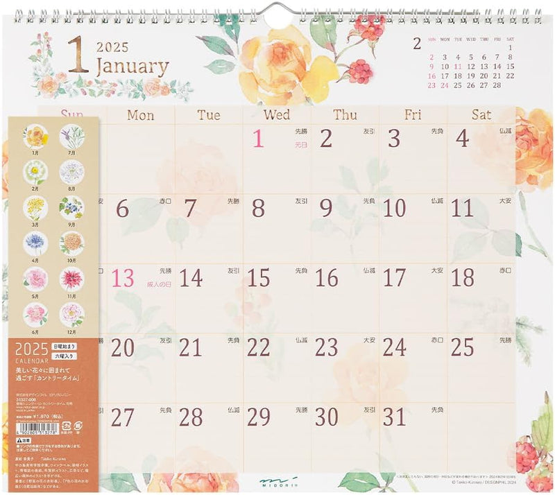 Midori 2025 Wall Calendar L Country Time Floral Pattern 31327006
