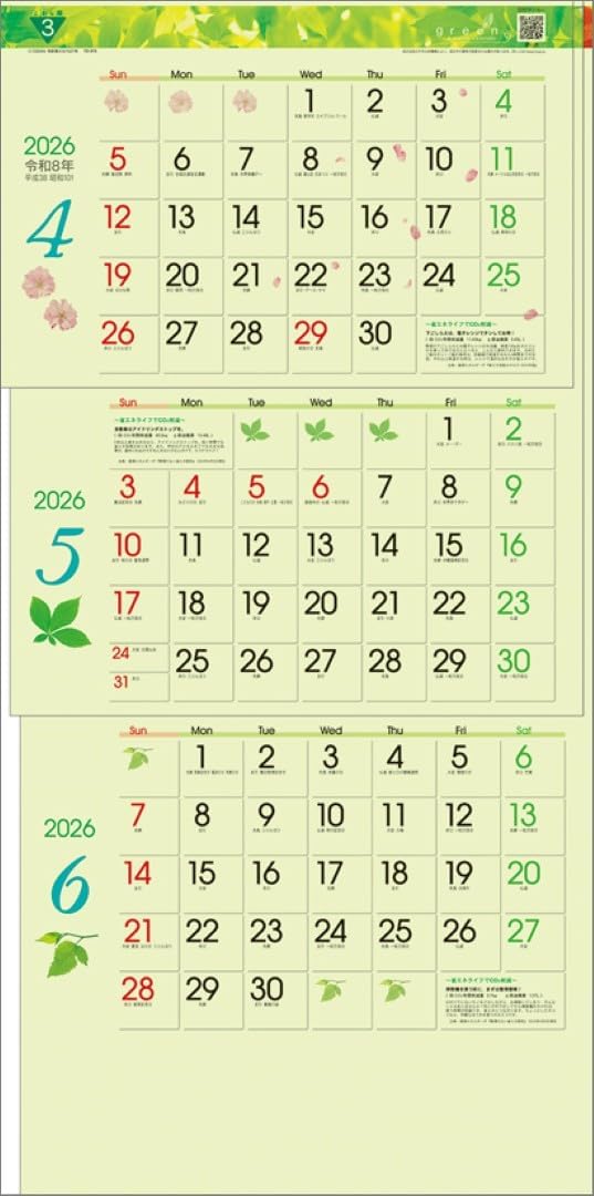 Todan 2026 Wall Calendar Green 3-Month eco S (From Top to Bottom Type) TD-975 CL26-1021