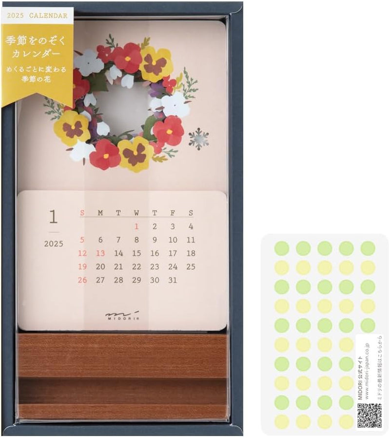 Midori 2025 Desk Calendar Seasonal Peek Calendar with Limited Floral Stickers 31320006