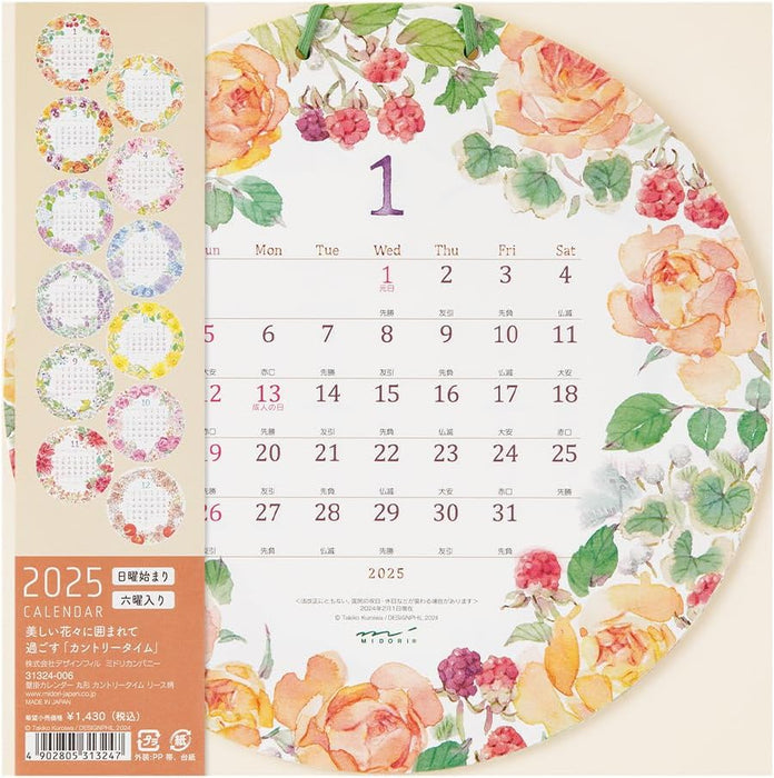 Midori 2025 Wall Calendar Round Type Country Time Wreath Pattern 31324006