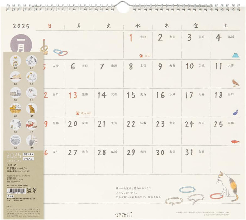 Midori 2025 Wall Calendar L Cat Pattern 31325006