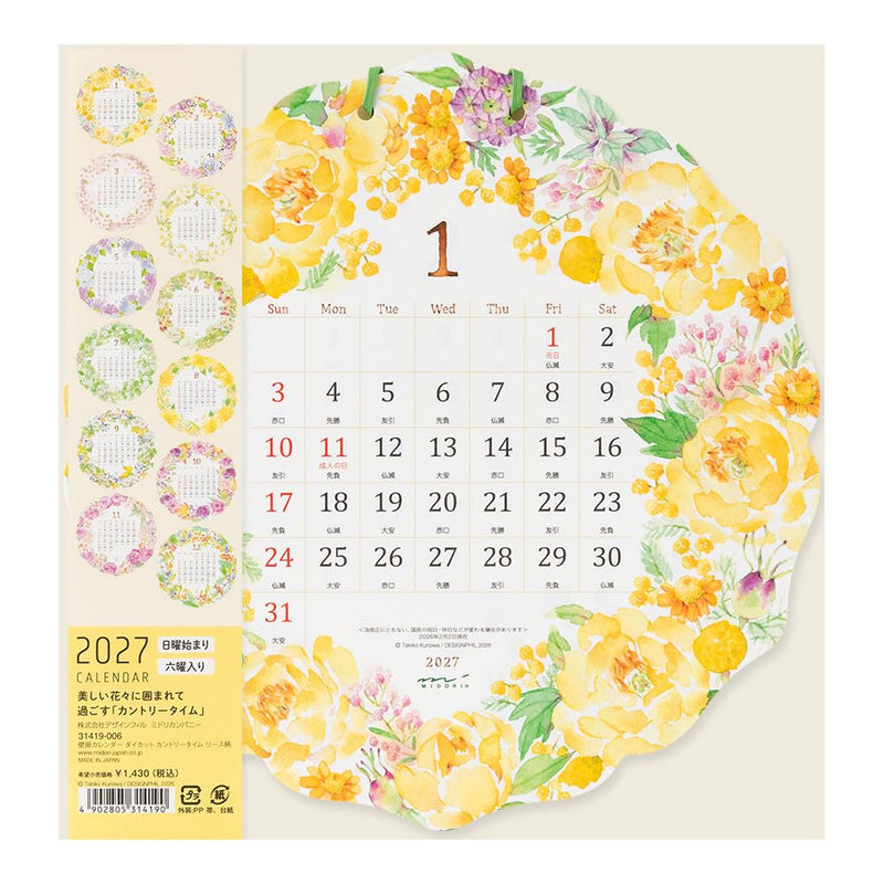 Midori 2027 Wall Calendar Die-cut Country Time Wreath Pattern 31419006