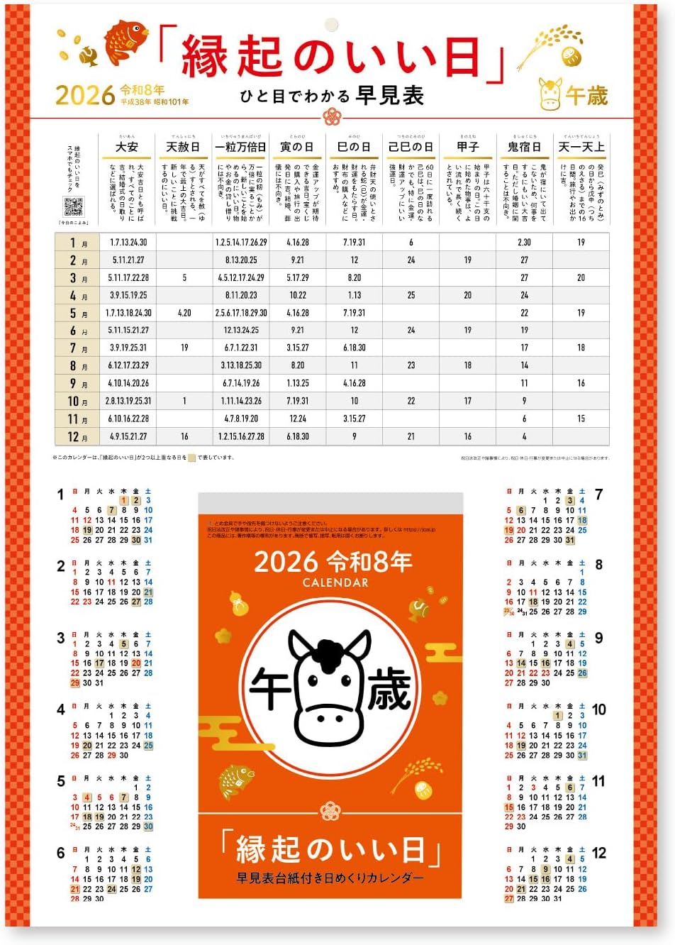 A Japanese calendar highlighting auspicious days