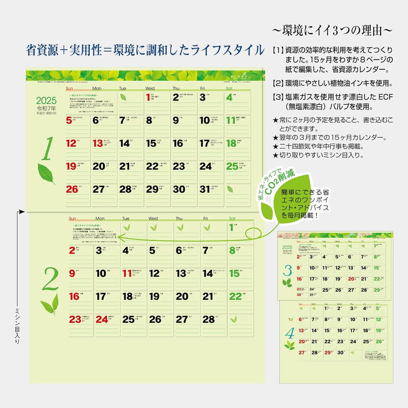 Todan 2025 Wall Calendar Green 2-Month eco (Perforated 15 Months) 53.5 x 38cm TD-30944