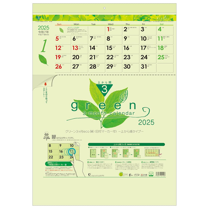 Todan 2025 Wall Calendar Green 3-Month eco M (From Top to Bottom Type / Perforated) 53.5 x 38cm TD-30940