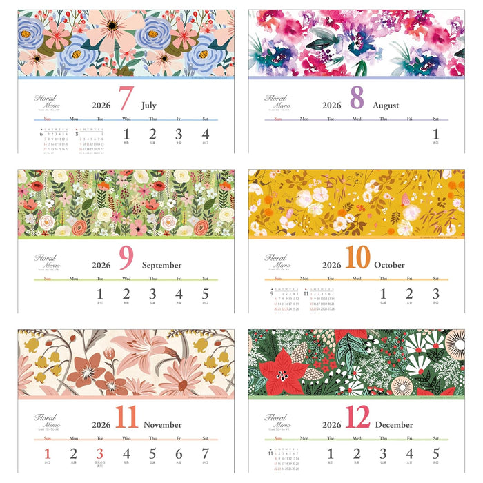 Todan 2026 Wall Calendar Floral Memo 53.1 x 24.2cm TD-968
