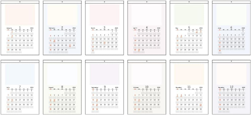 Nakabayashi 2024 Wall Calendar Suitable for A4 Duodecimo 4-cutting COC-CLH-B3C-24