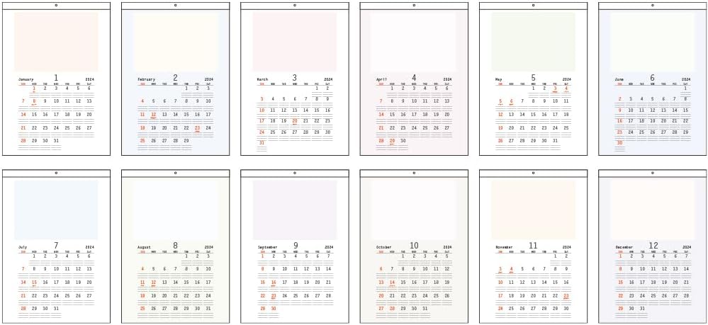 Nakabayashi 2024 Wall Calendar Suitable for A4 Duodecimo 4-cutting COC-CLH-B3C-24