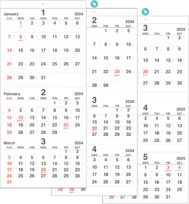 Nakabayashi 2024 Wall Calendar Flipping 3-Month at a Time Each Month COC-CLH-610-24