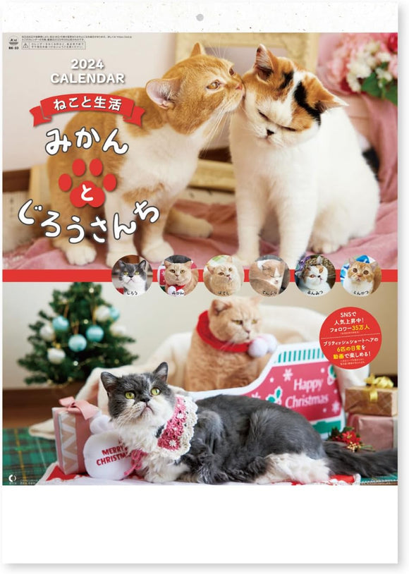 New Japan Calendar 2024 Wall Calendar Life with Cats Mikan to Jirousan Chi NK33