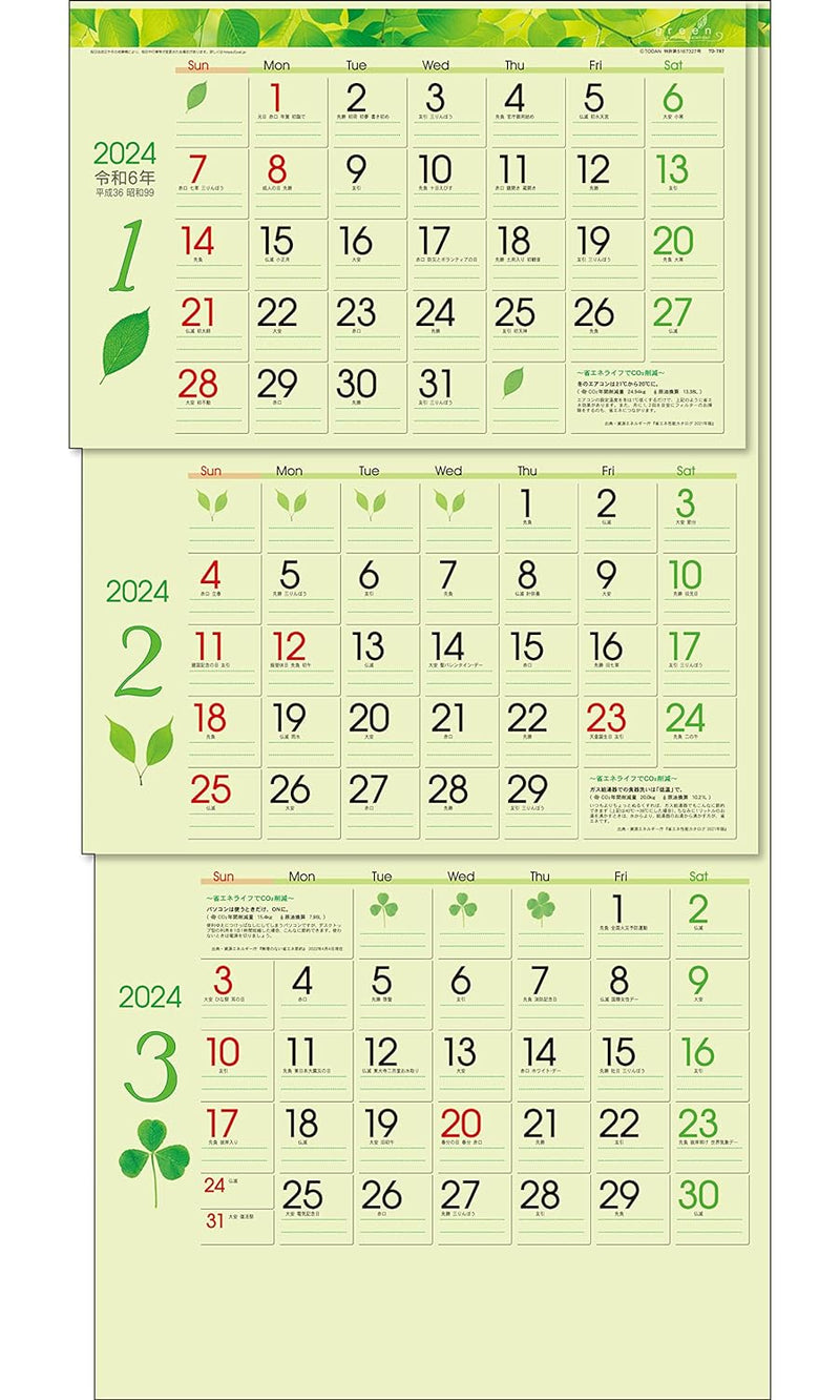 Todan 2024 Wall Calendar Green 3-Month eco (From Top to Bottom Type / Perforated) 75 x 35cm TD-30787