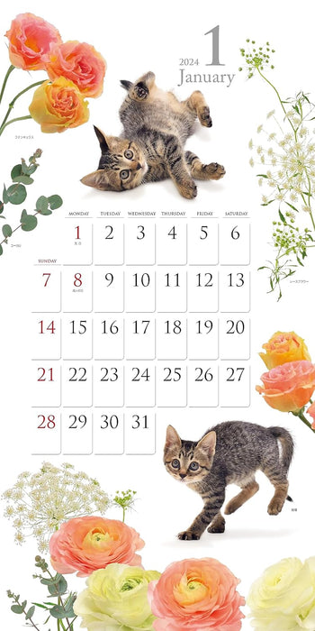 Yama-kei Calendar 2024 Cat and Flower Calendar (Monthly Flip/Wall Calendar)