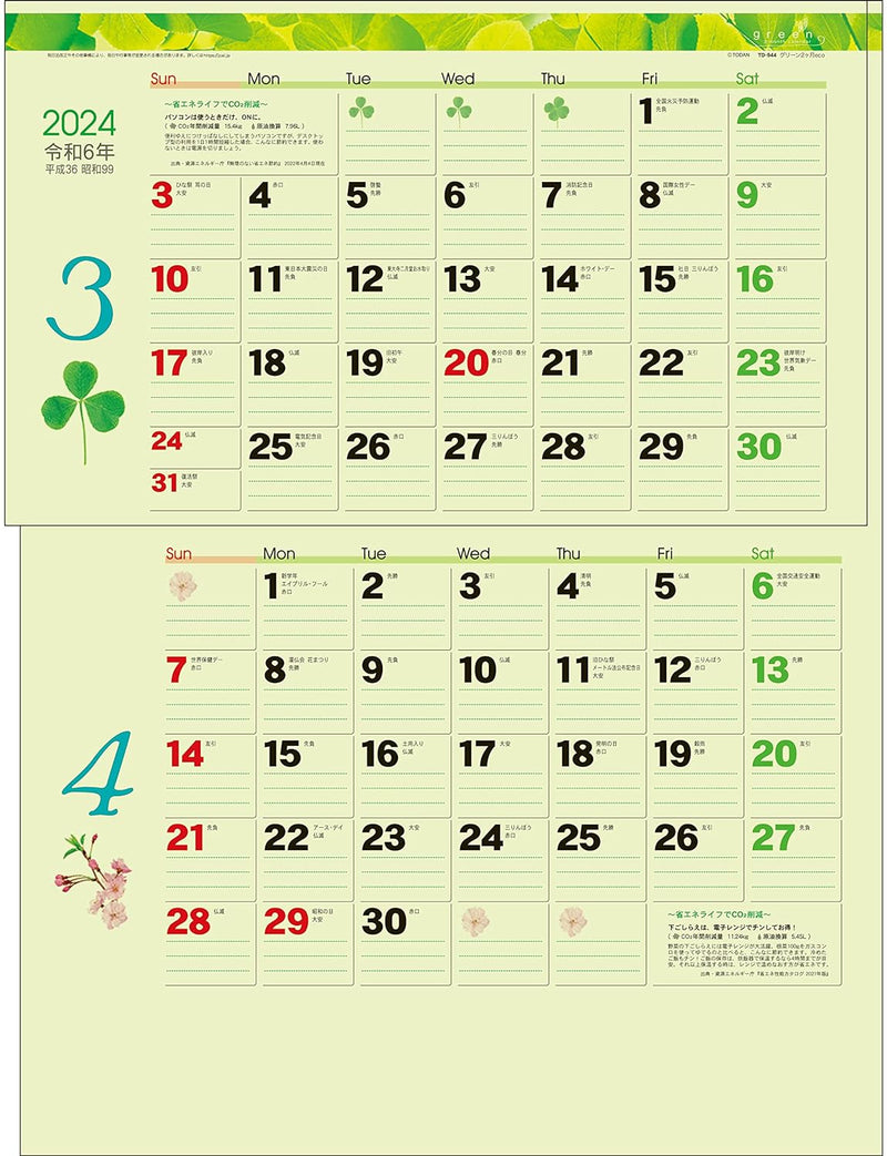 Todan 2024 Wall Calendar Green 2-Month eco (Perforated 15 Months) 53.5 x 38cm TD-30944