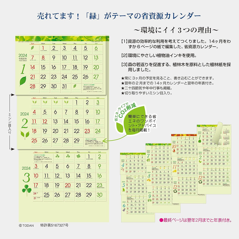 Todan 2024 Wall Calendar Green 3-Month eco (From Top to Bottom Type / Perforated) 75 x 35cm TD-30787